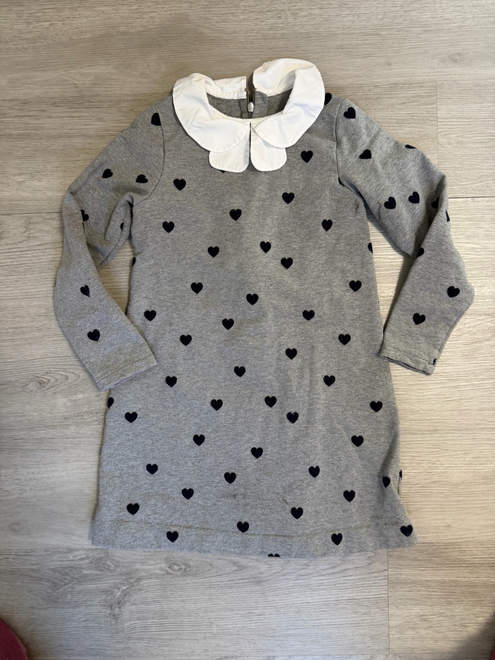 Jacadi Paris Girls Gray Fleece Heart Print Dress with Peter Pan Collar - Size 8Y